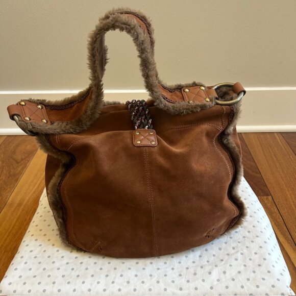 Cul de Sac Mahogony brown suede & leather hobo fur trim handbag. - Picture 3 of 6
